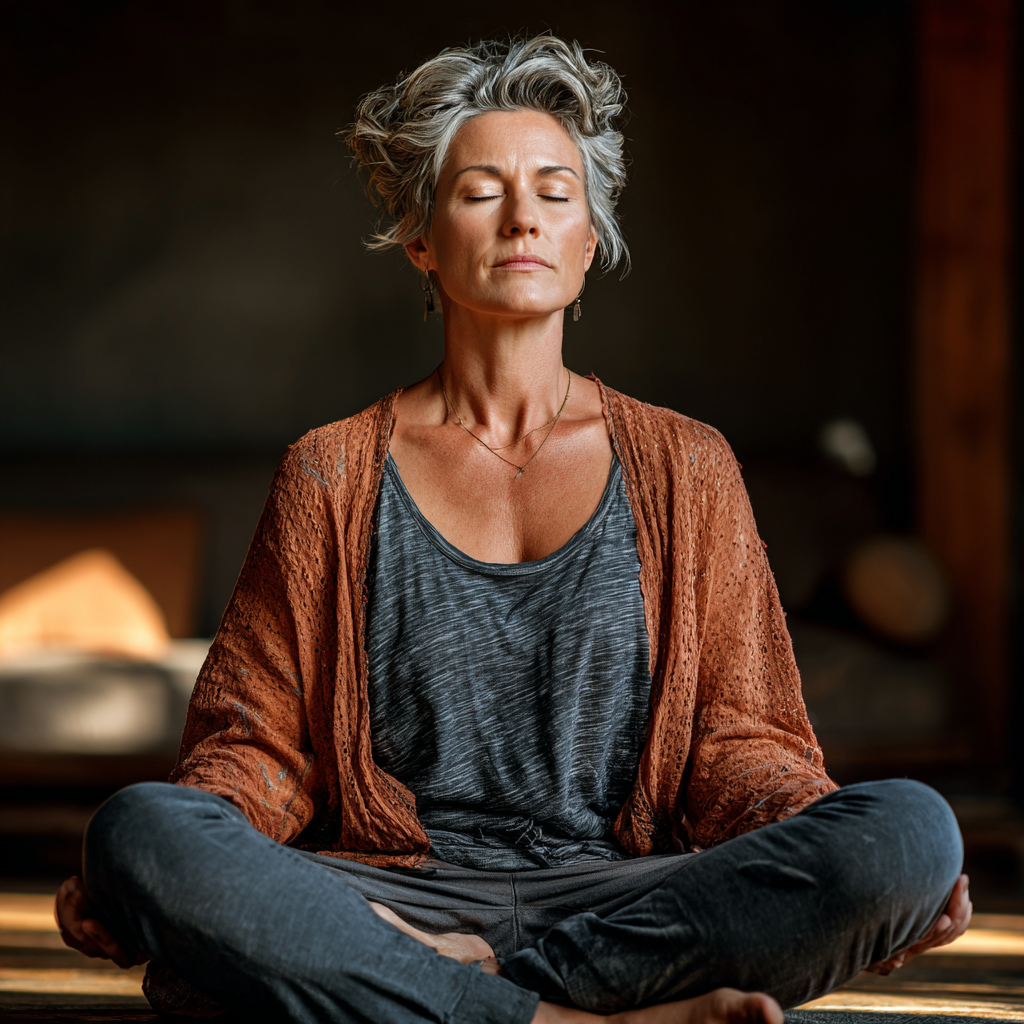 Focused middle-aged woman in her 40s practicing yoga in lotus meditation position indoors, demonstrating concentration and inner peace through mindful breathing