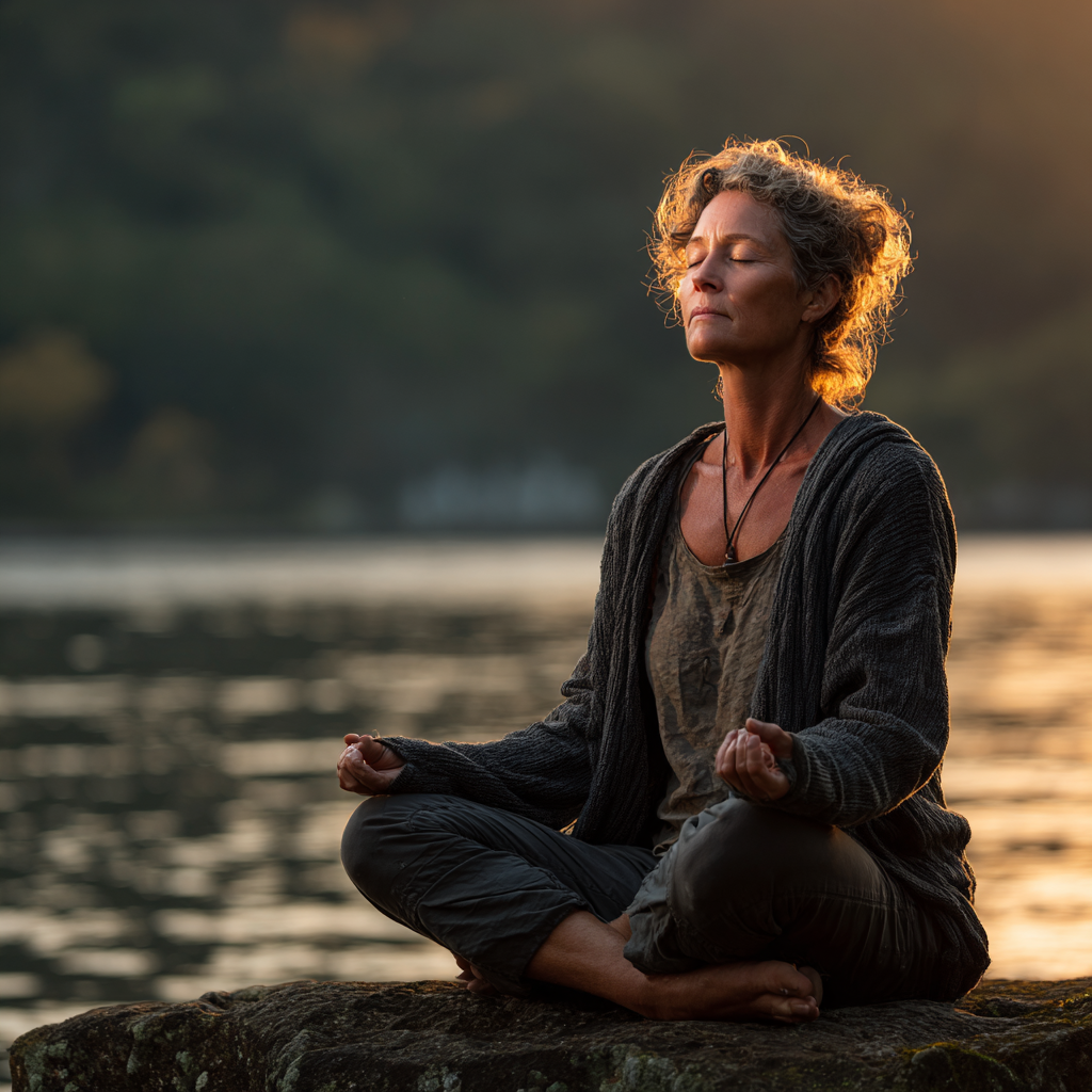 Peaceful middle-aged woman in her 40s practicing yoga meditation pose outdoors in natural setting, demonstrating inner strength and mindfulness