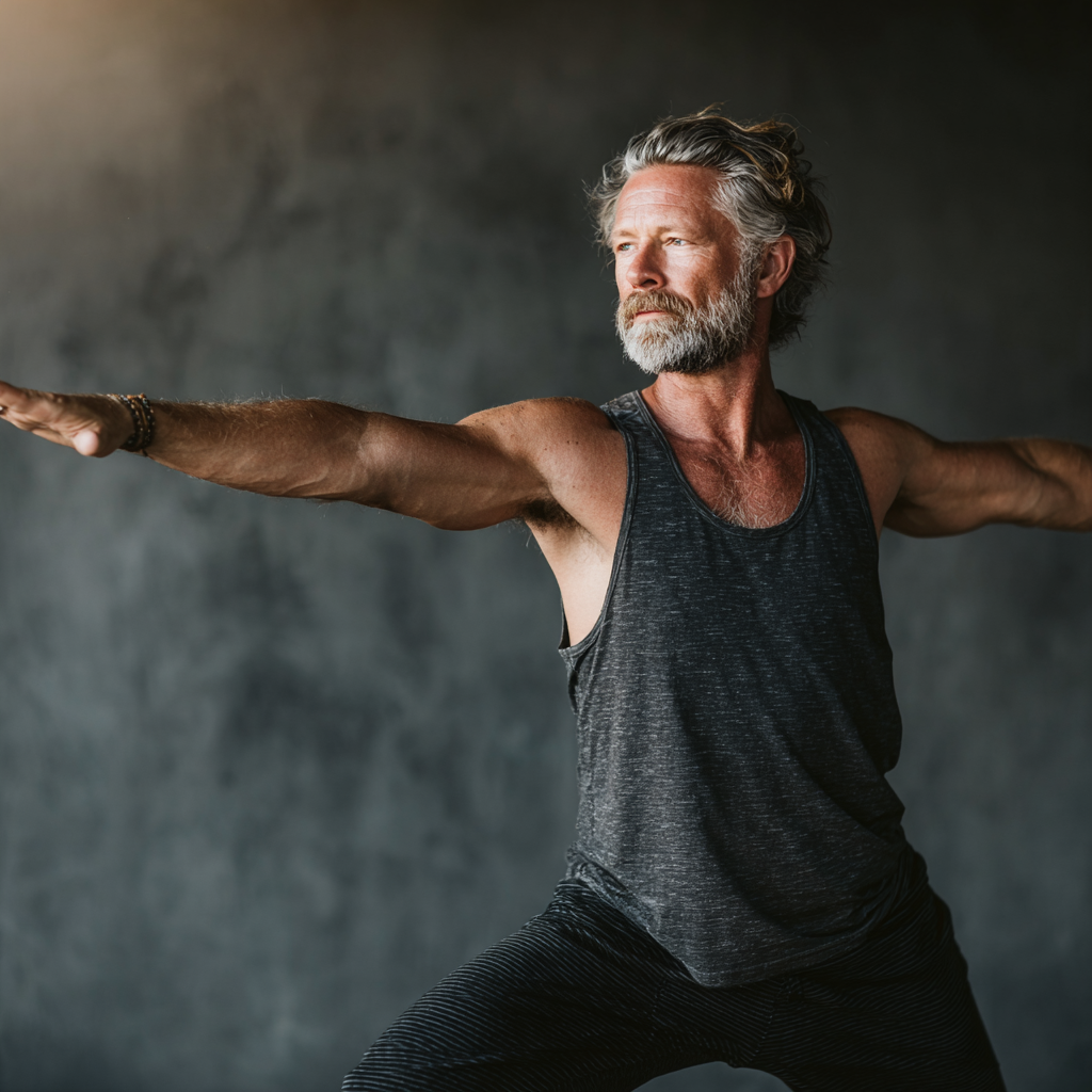 Serene mature man in his 50s performing yoga warrior pose in peaceful studio environment, showing strength and balance through mindful practice